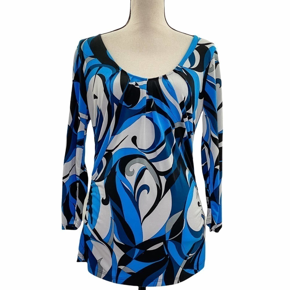 NEW York & Company Stretch Blue Multicolored Graphic Long Sleeve Blouse